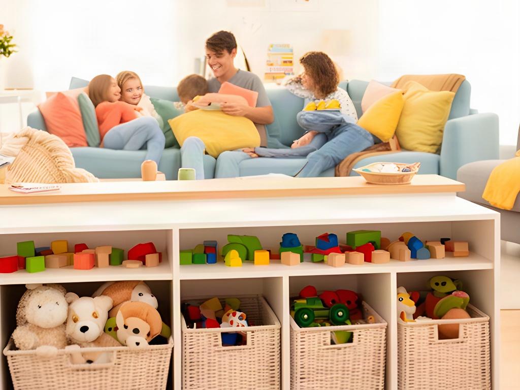 Family room with children's toys stored in open baskets at a child-friendly height