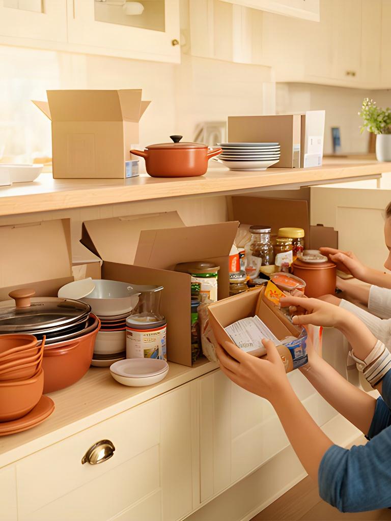 A family settling into a new home as kitchen essentials are unpacked into practical cupboards