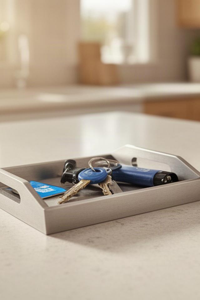 Small open tray on a kitchen bench holding keys and daily essentials in plain view