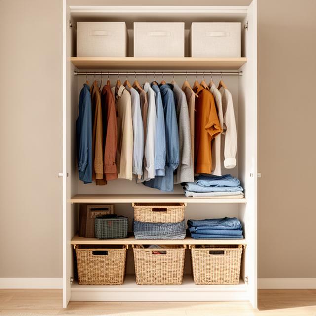 Wardrobe with open-front baskets and a visible rail, arranged to make daily clothes easy to find
