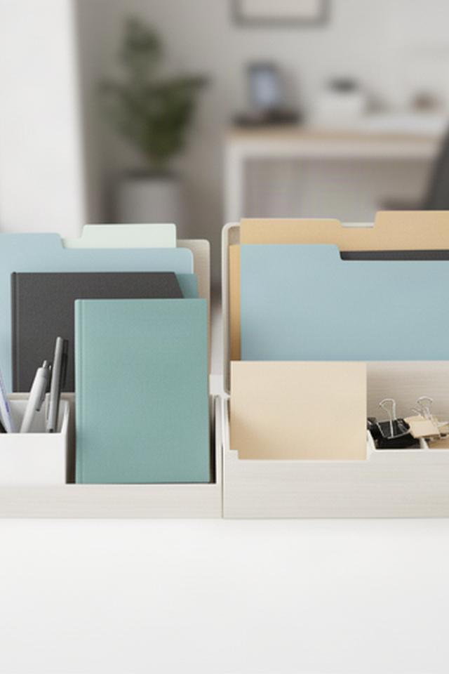 Simple, visible home office supplies in open containers, with a clear work surface and labelled folders