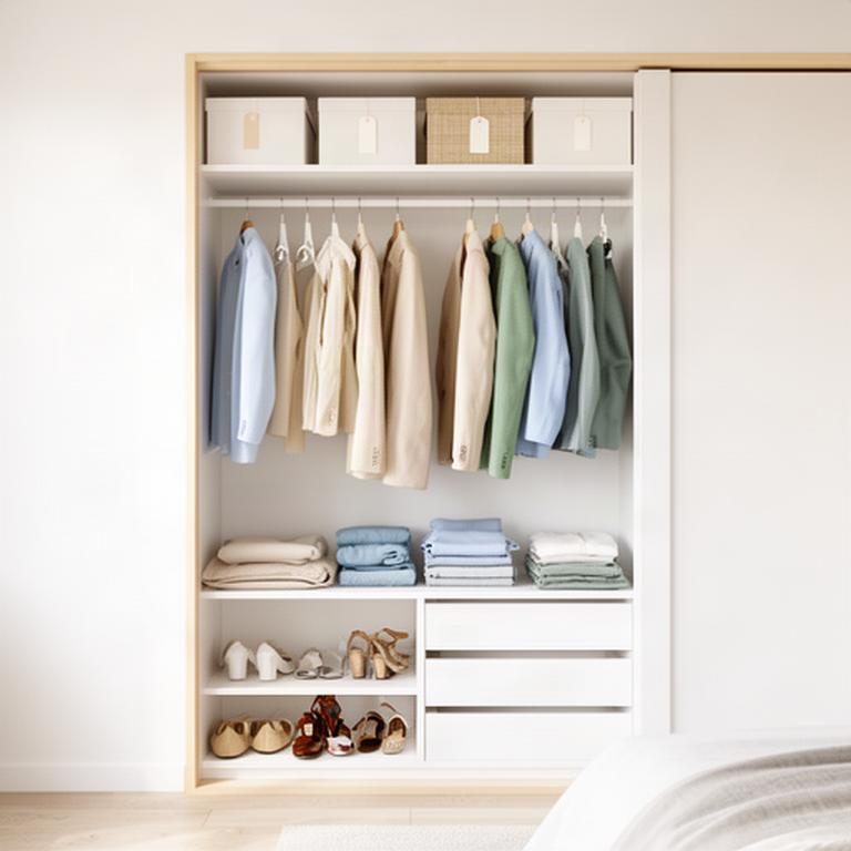 A bright bedroom wardrobe arranged with hanging clothes, folded items and clear space for daily use