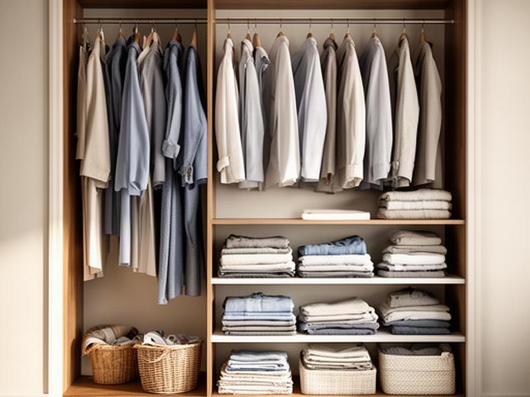 Open wardrobe with clothes grouped by type and a clear shelf for folded everyday items