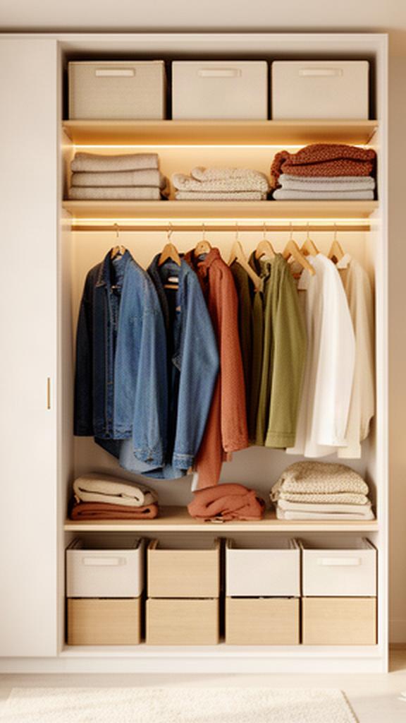 Wardrobe with everyday clothing within reach and seasonal garments stored on a high shelf